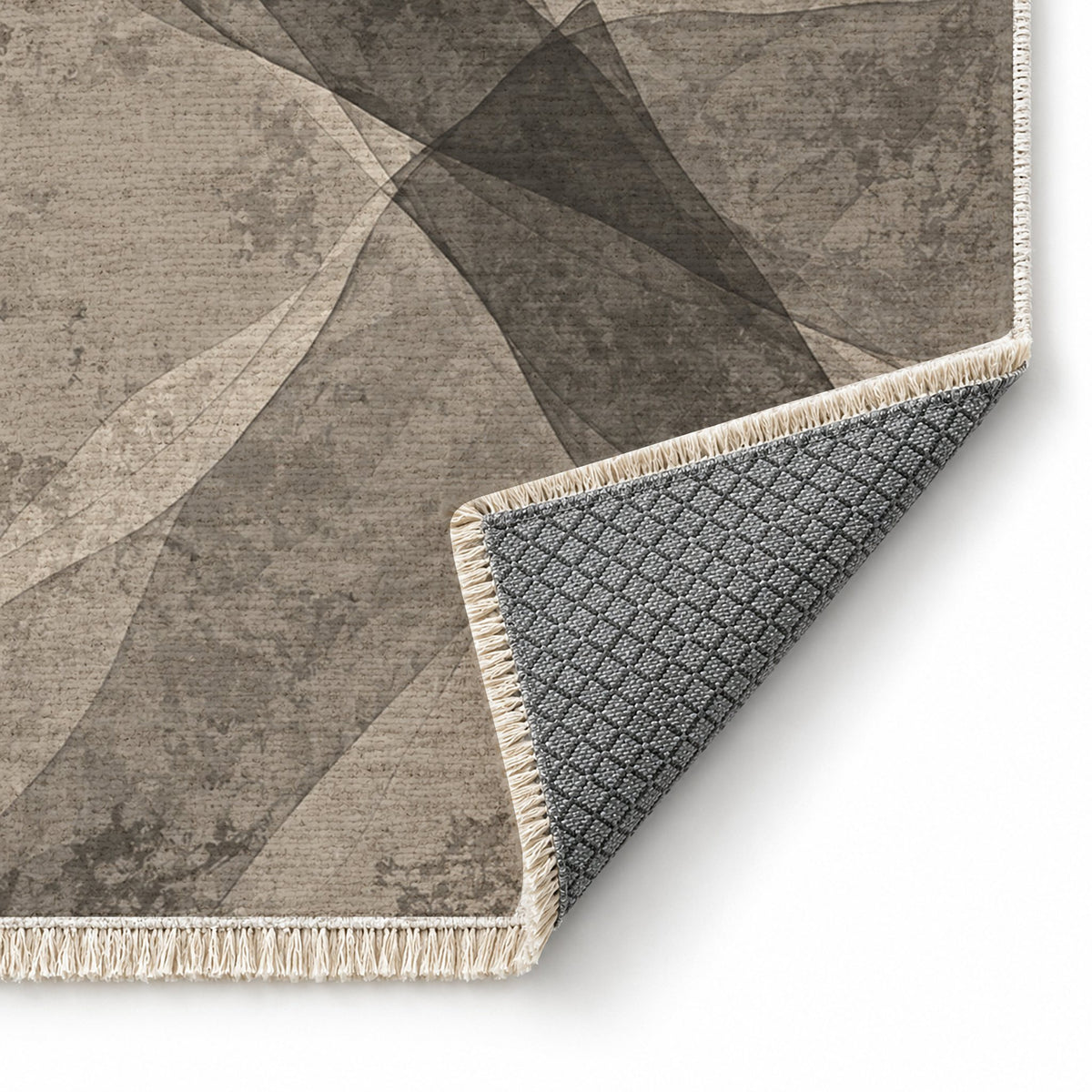 Veil Greige & Charcoal washable rug folded corner showing the backing