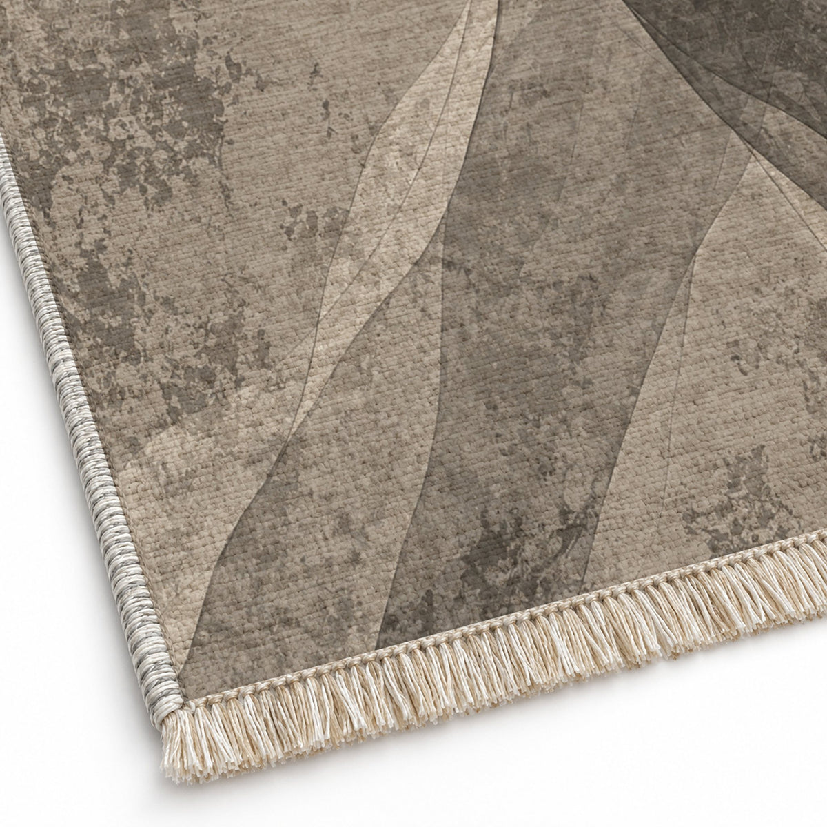Veil Greige & Charcoal washable rug close-up of the printed chenille