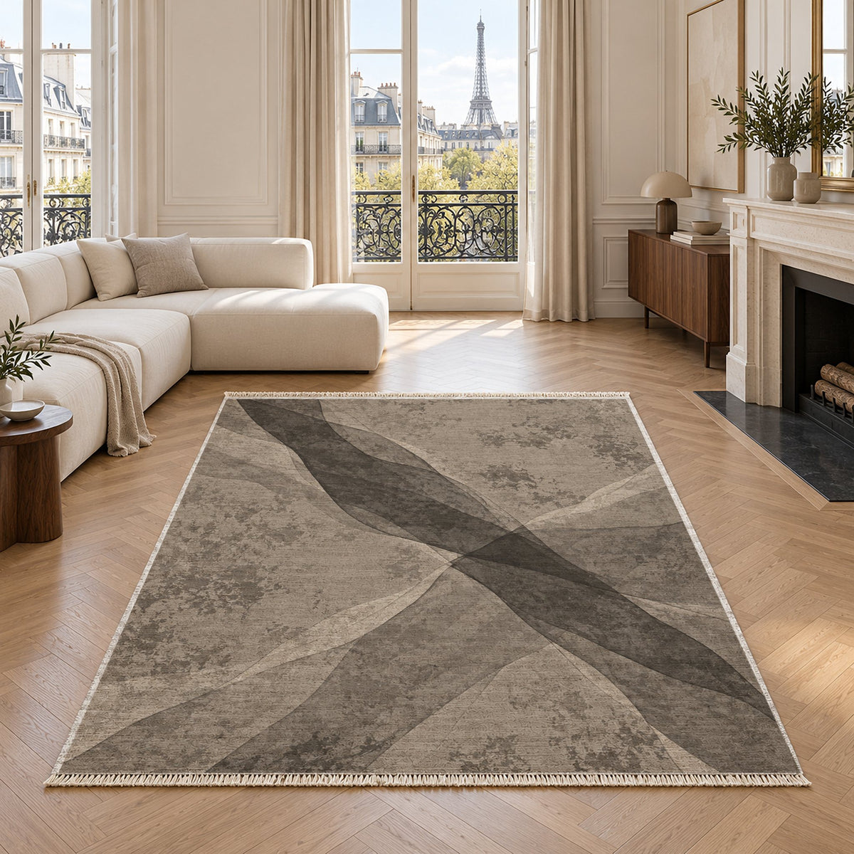 Veil Greige & Charcoal washable rug in a living room with an Eiffel Tower view