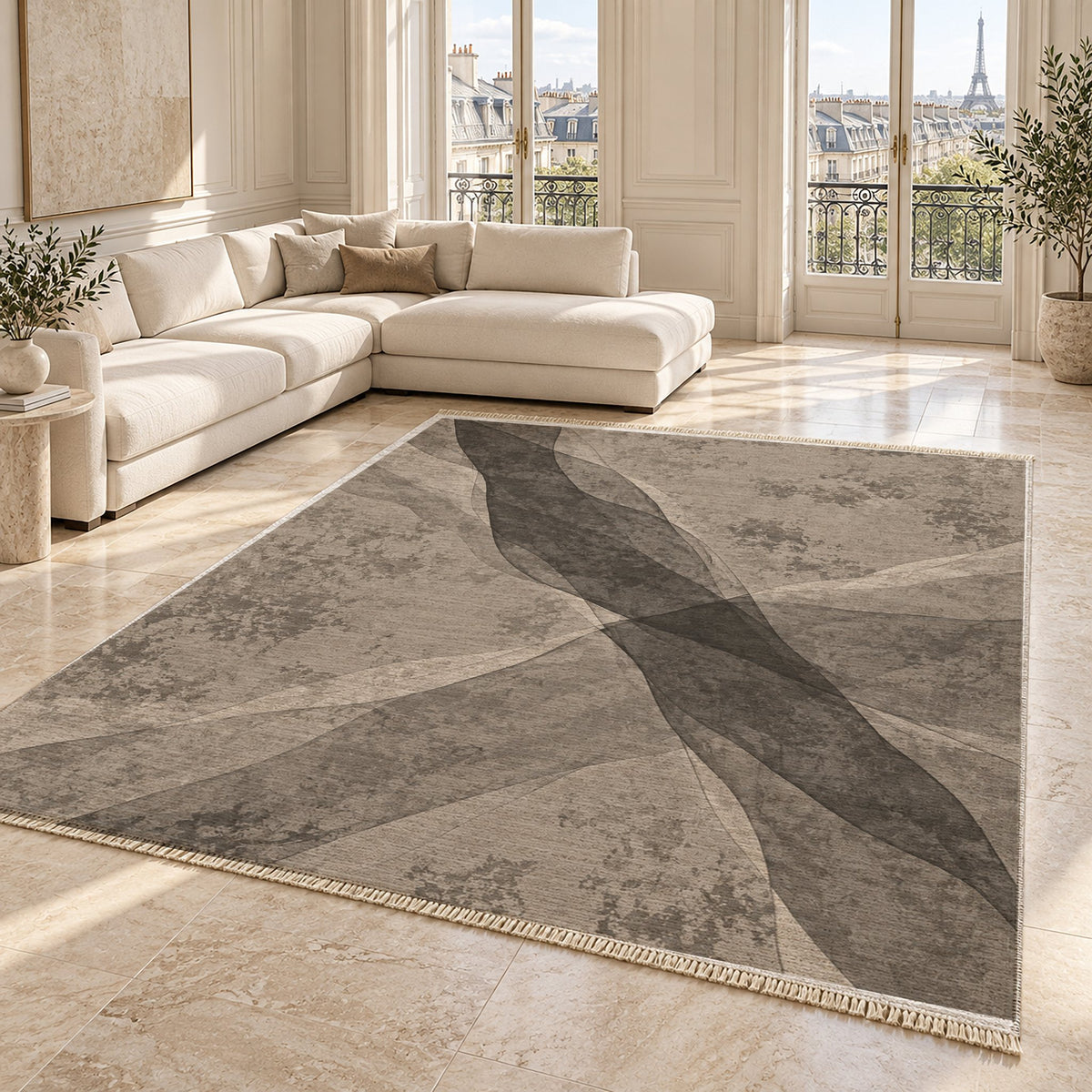Veil Greige & Charcoal washable rug angled room view on marble