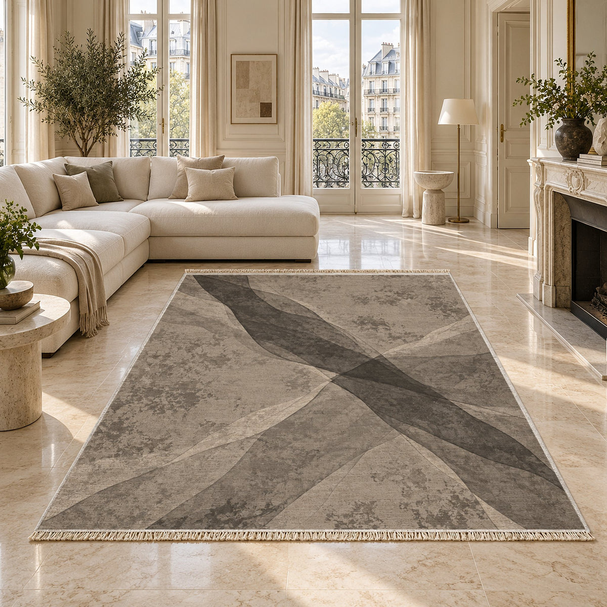 Veil Greige & Charcoal washable rug on a marble floor