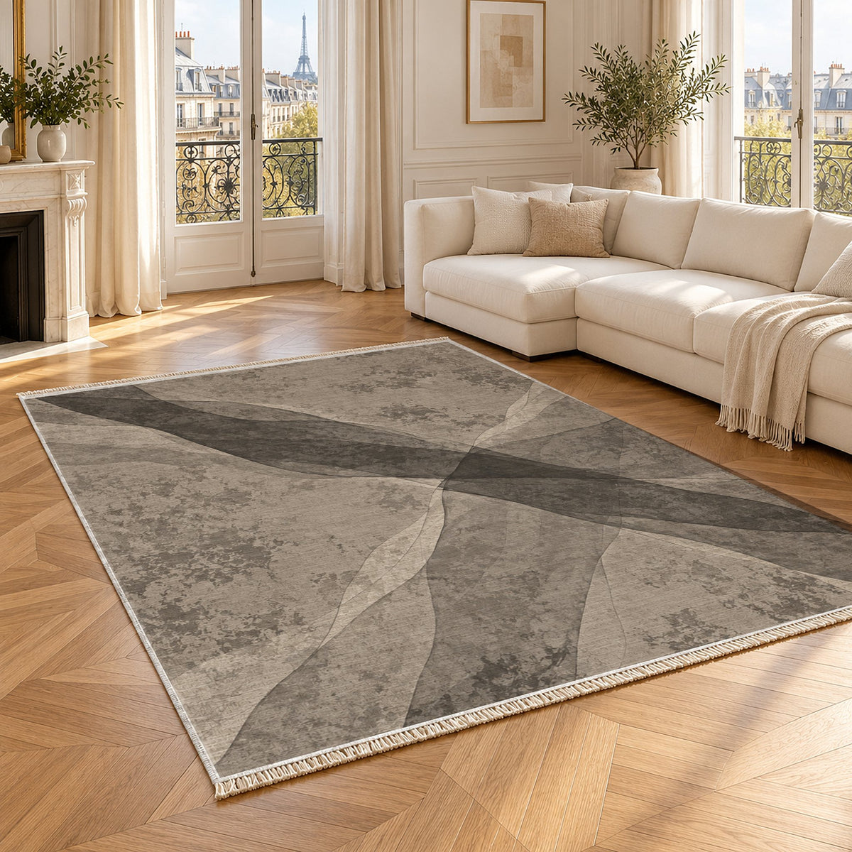 Veil Greige & Charcoal washable rug angled room view