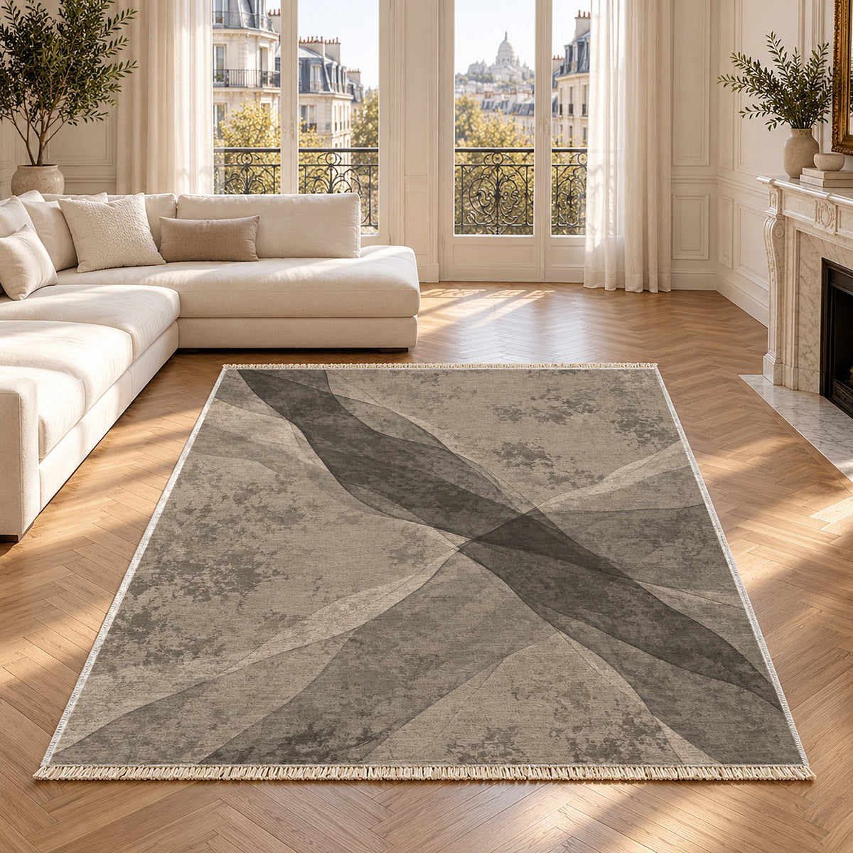 Veil Greige & Charcoal washable rug in a Paris living room