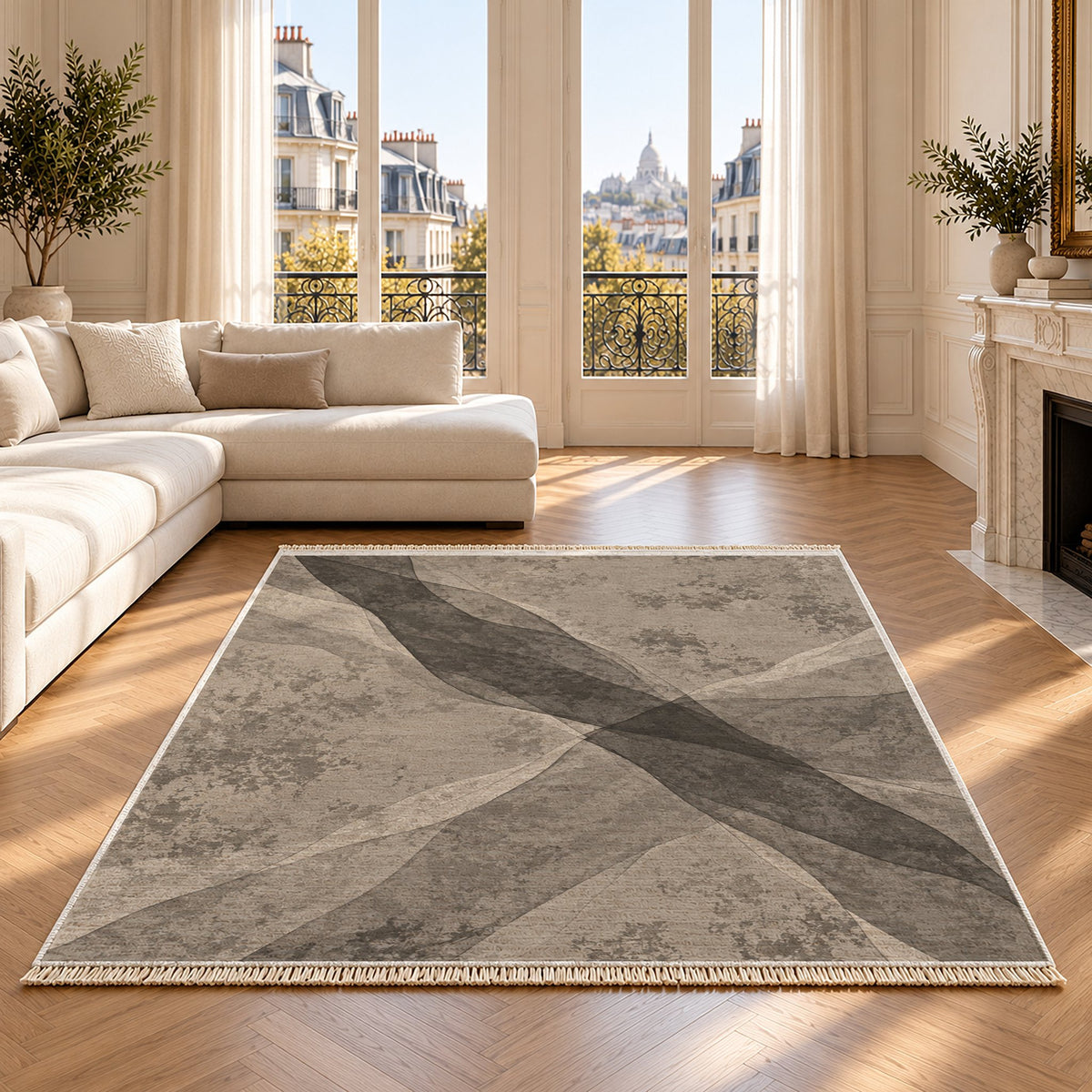 Veil Greige & Charcoal washable rug on an oak floor