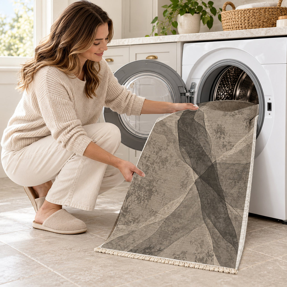 Veil Greige & Charcoal washable rug being loaded into a washing machine