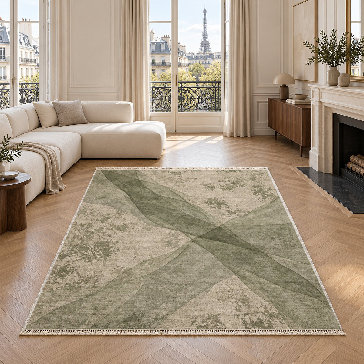 Veil Ivory & Sage washable rug in a living room with an Eiffel Tower view