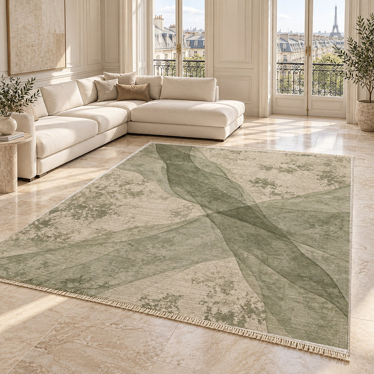 Veil Ivory & Sage washable rug angled room view on marble