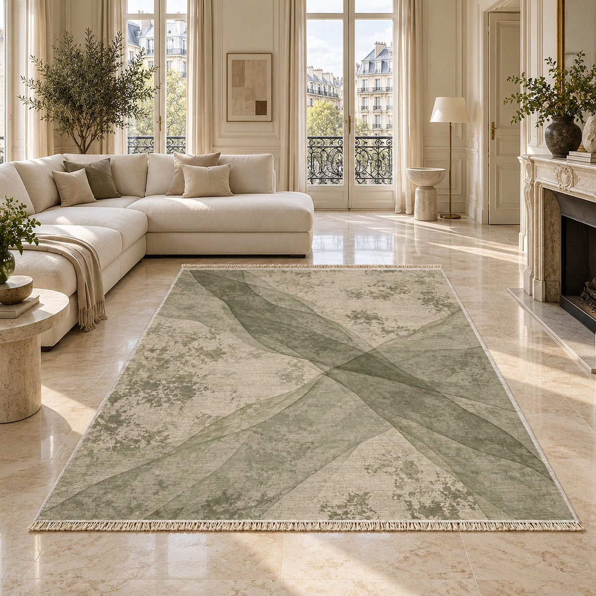 Veil Ivory & Sage washable rug on a marble floor