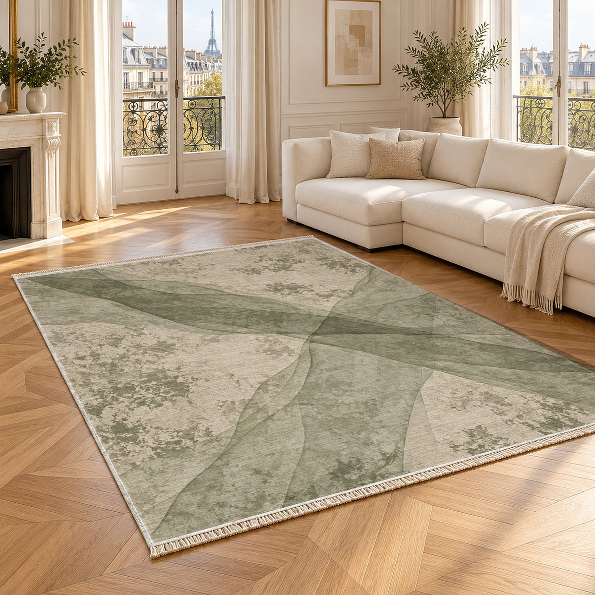 Veil Ivory & Sage washable rug angled room view
