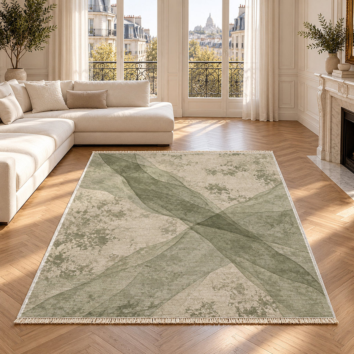 Veil Ivory & Sage washable rug in a Paris living room