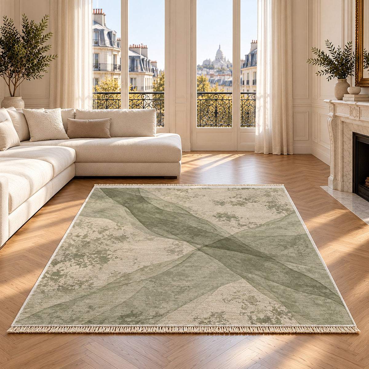 Veil Ivory & Sage washable rug on an oak floor