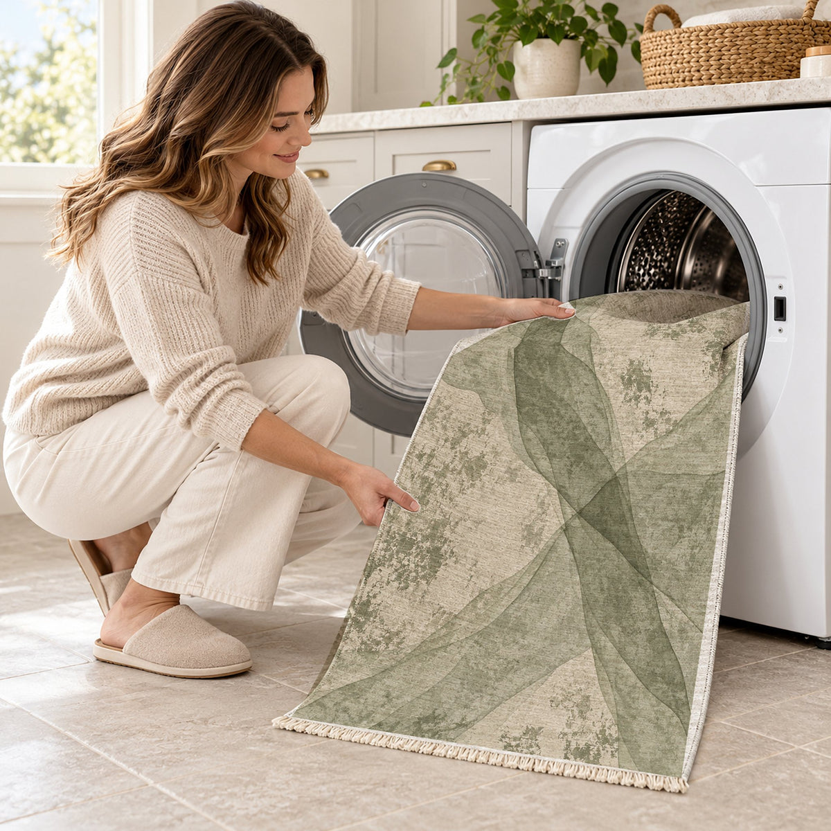 Veil Ivory & Sage washable rug being loaded into a washing machine