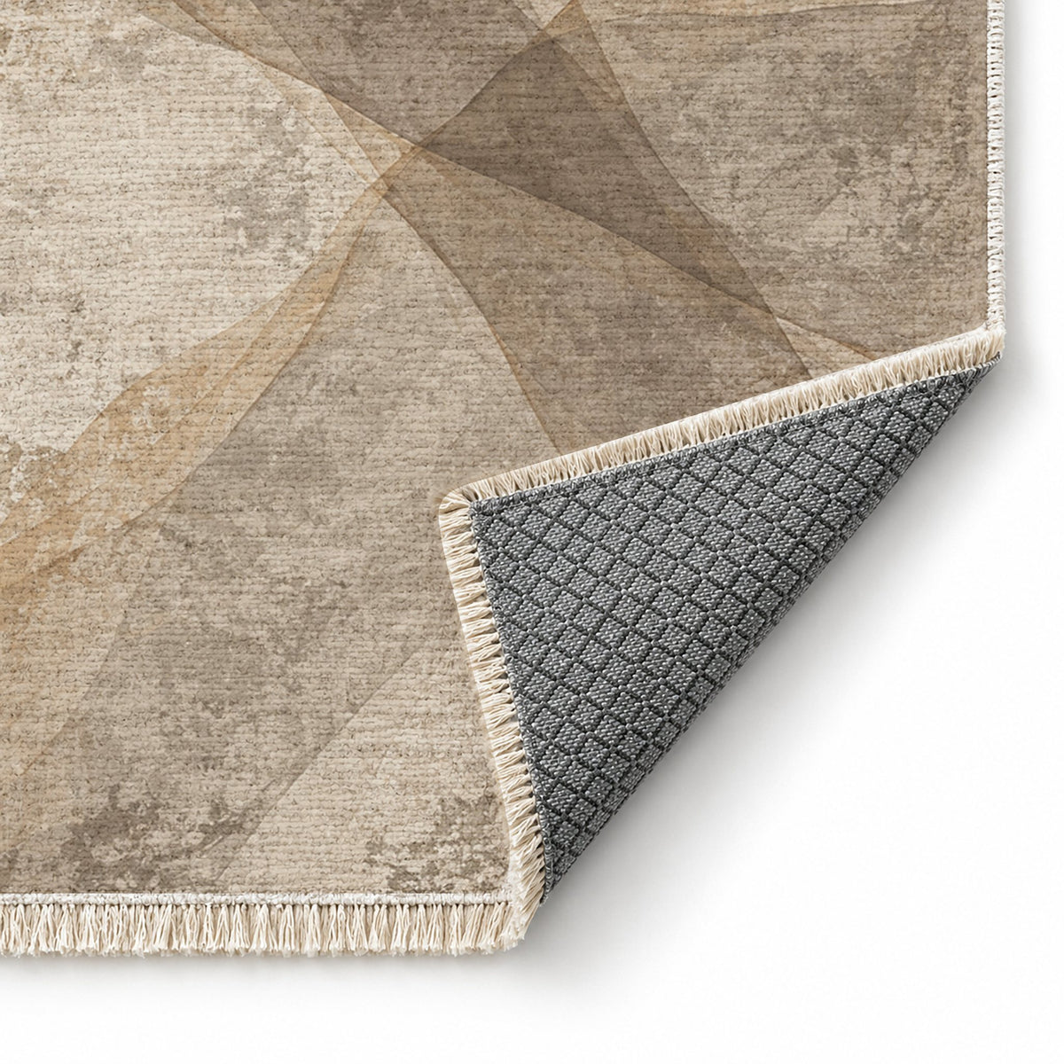 Veil Ivory & Taupe washable rug folded corner showing the backing