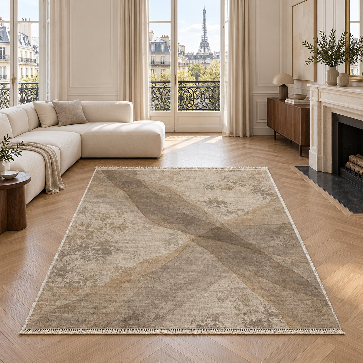 Veil Ivory & Taupe washable rug in a living room with an Eiffel Tower view