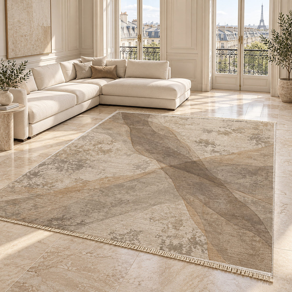 Veil Ivory & Taupe washable rug angled room view on marble