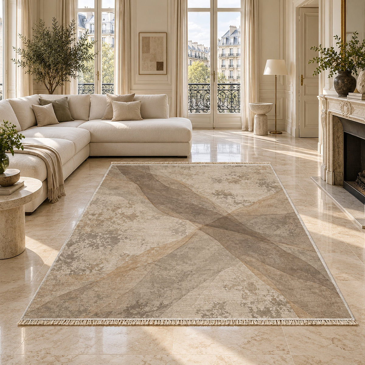 Veil Ivory & Taupe washable rug on a marble floor