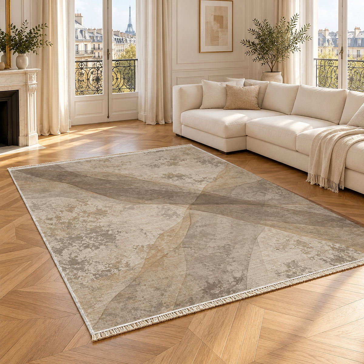 Veil Ivory & Taupe washable rug angled room view