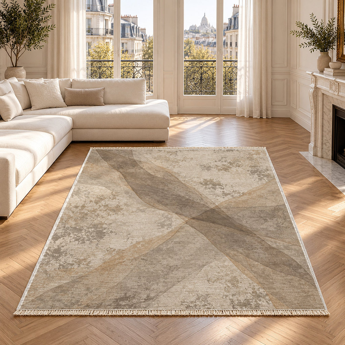Veil Ivory & Taupe washable rug in a Paris living room