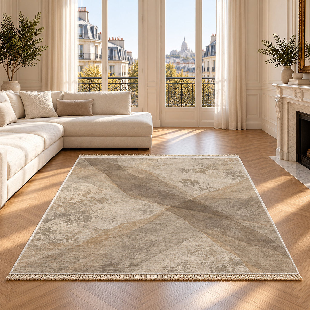 Veil Ivory & Taupe washable rug on an oak floor
