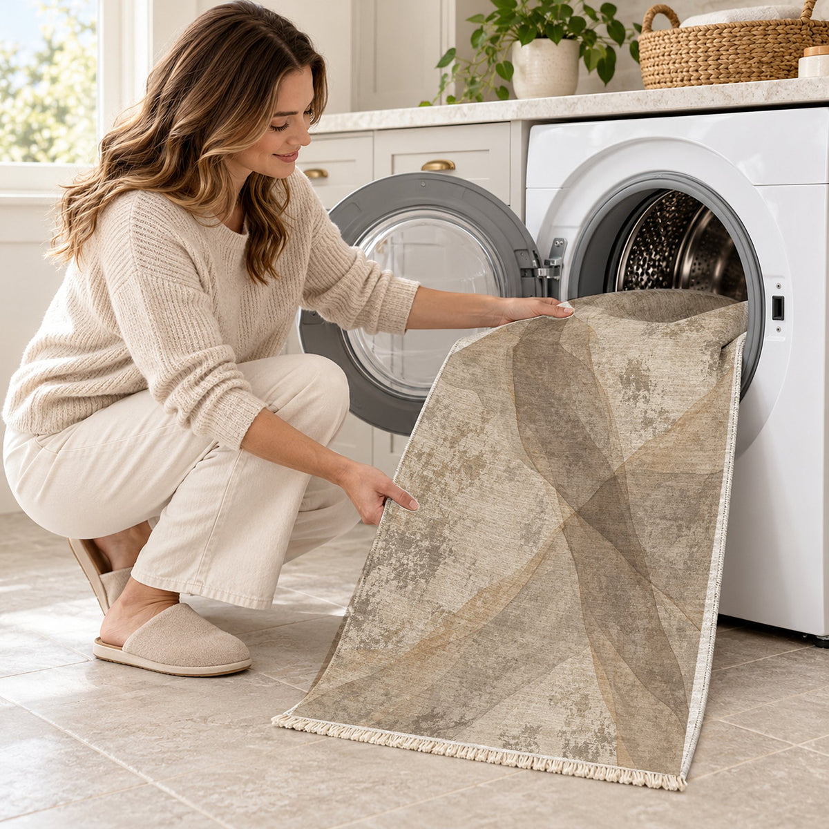Veil Ivory & Taupe washable rug being loaded into a washing machine