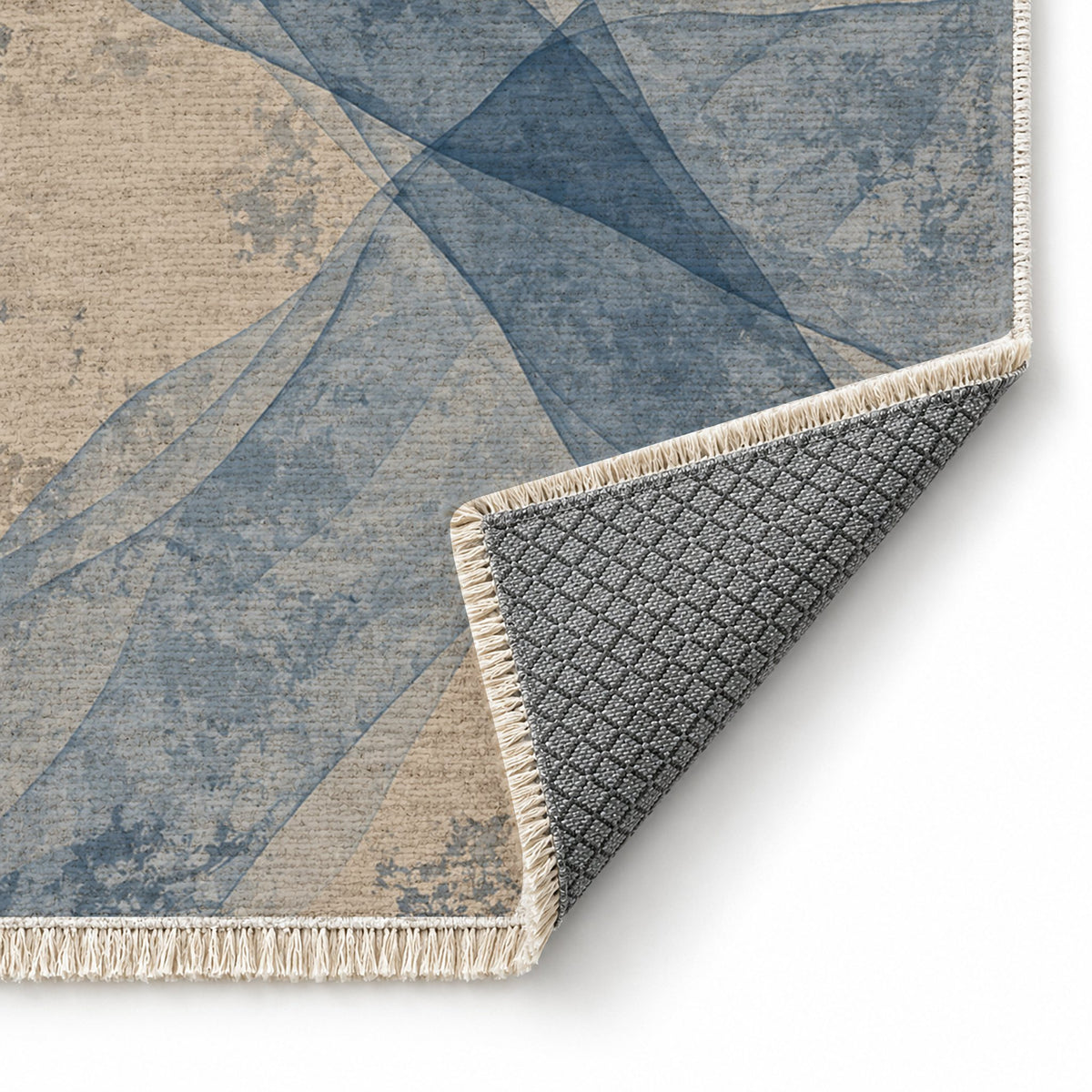 Veil Oat & Dusty Blue washable rug folded corner showing the backing