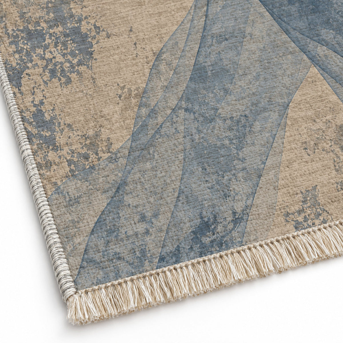 Veil Oat & Dusty Blue washable rug close-up of the printed chenille
