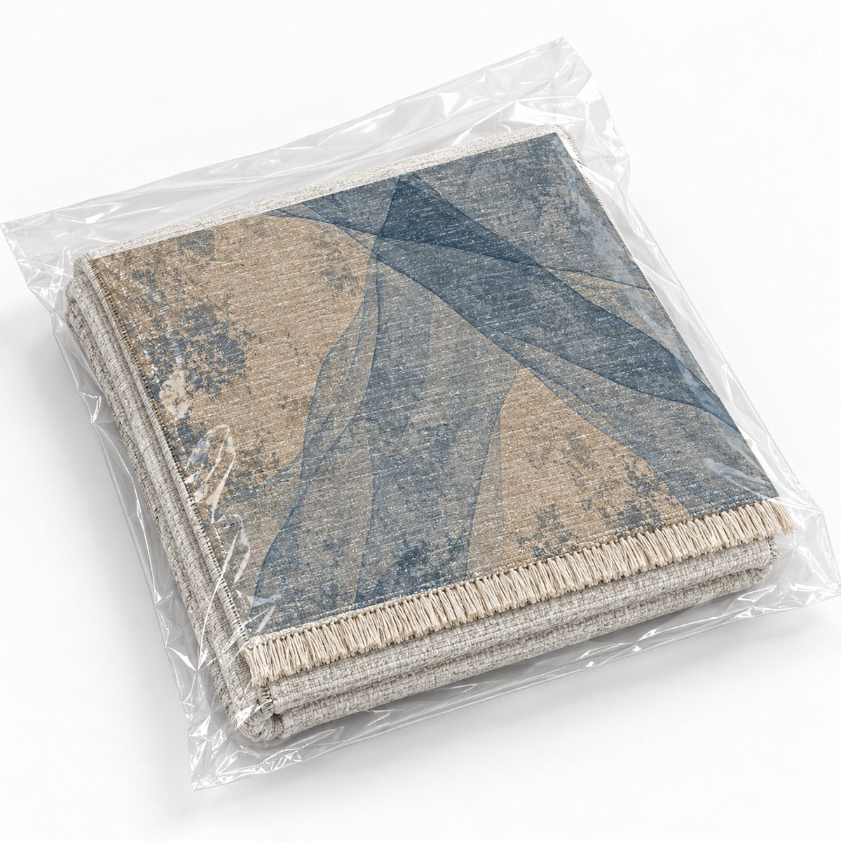 Veil Oat & Dusty Blue washable rug rolled and packaged