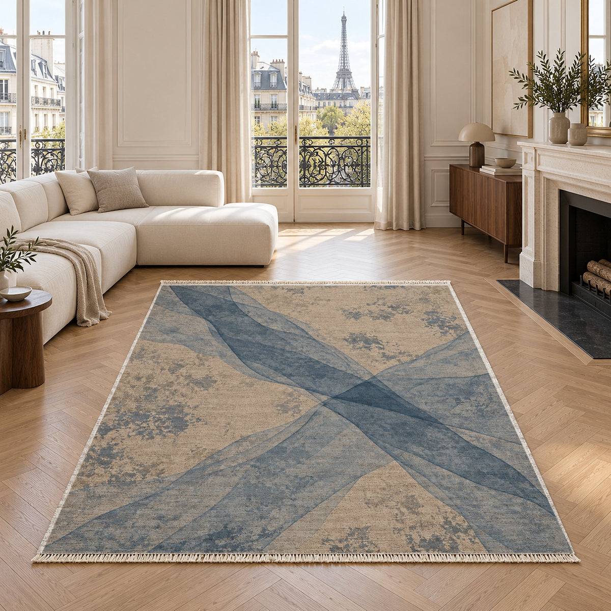 Veil Oat & Dusty Blue washable rug in a living room with an Eiffel Tower view