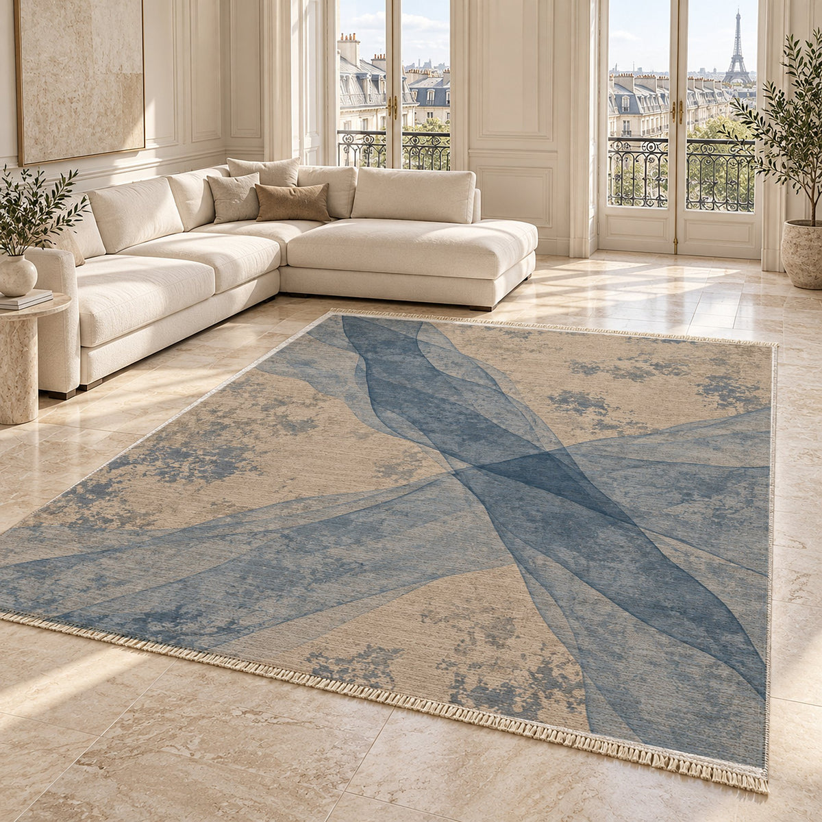 Veil Oat & Dusty Blue washable rug angled room view on marble
