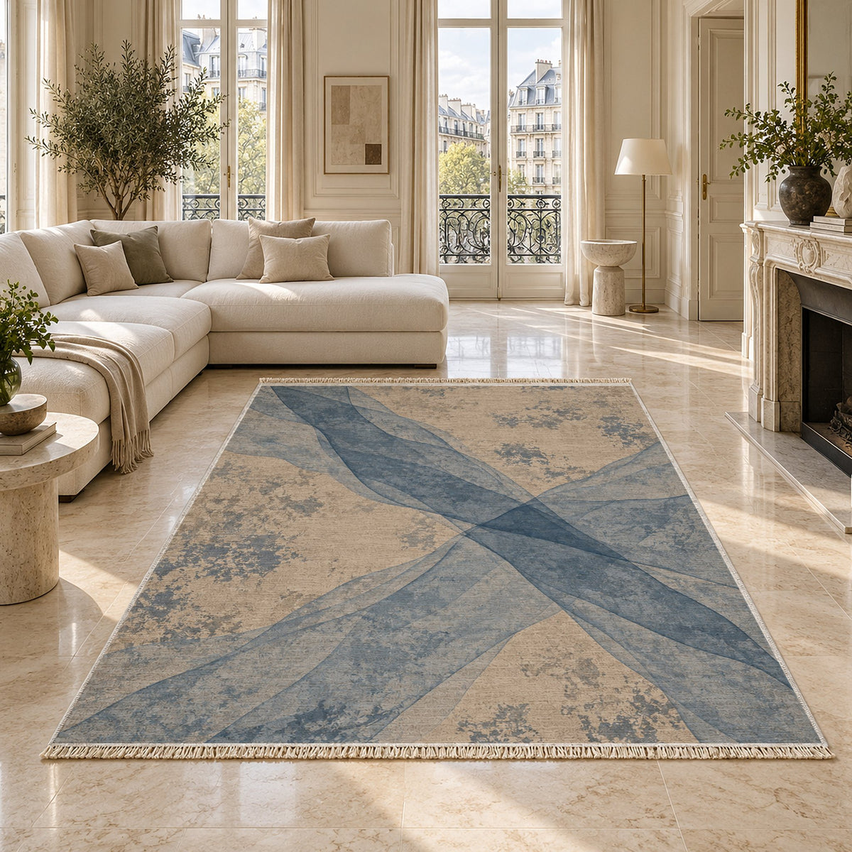 Veil Oat & Dusty Blue washable rug on a marble floor