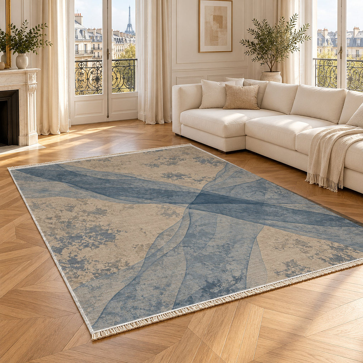 Veil Oat & Dusty Blue washable rug angled room view