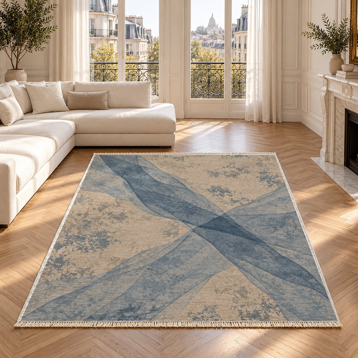 Veil Oat & Dusty Blue washable rug in a Paris living room