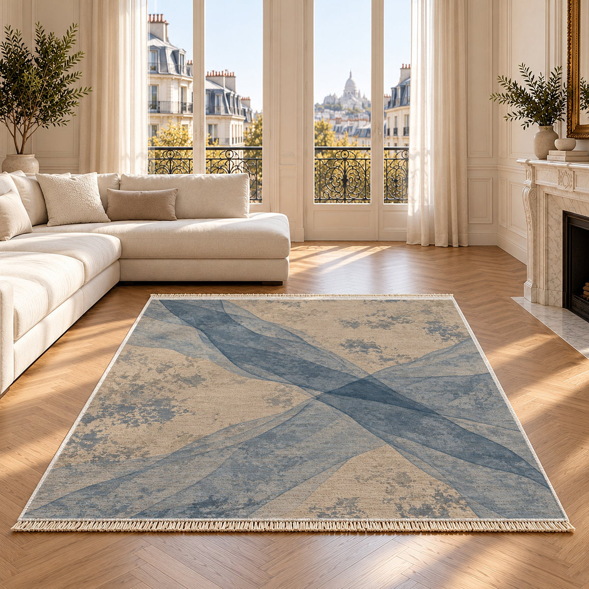 Veil Oat & Dusty Blue washable rug on an oak floor