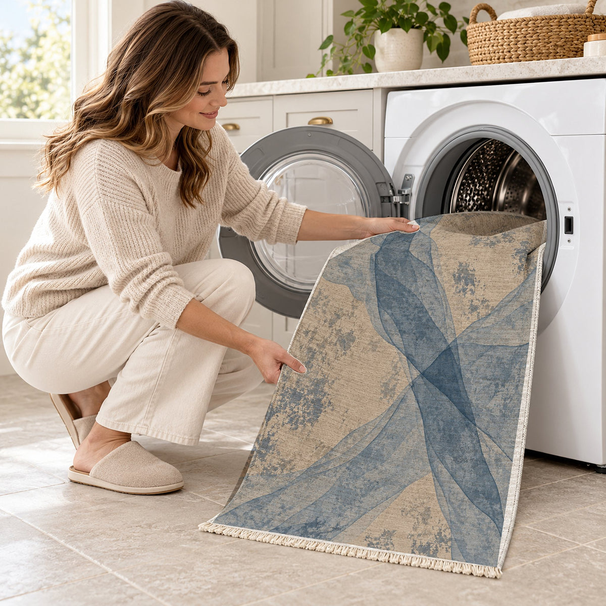 Veil Oat & Dusty Blue washable rug being loaded into a washing machine