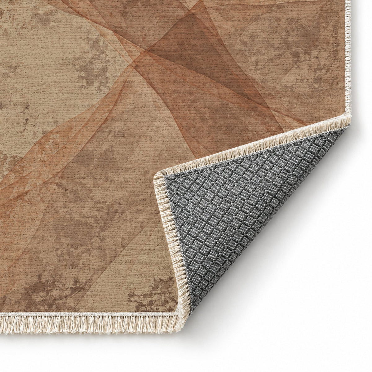 Veil Sand & Terracotta washable rug folded corner showing the backing
