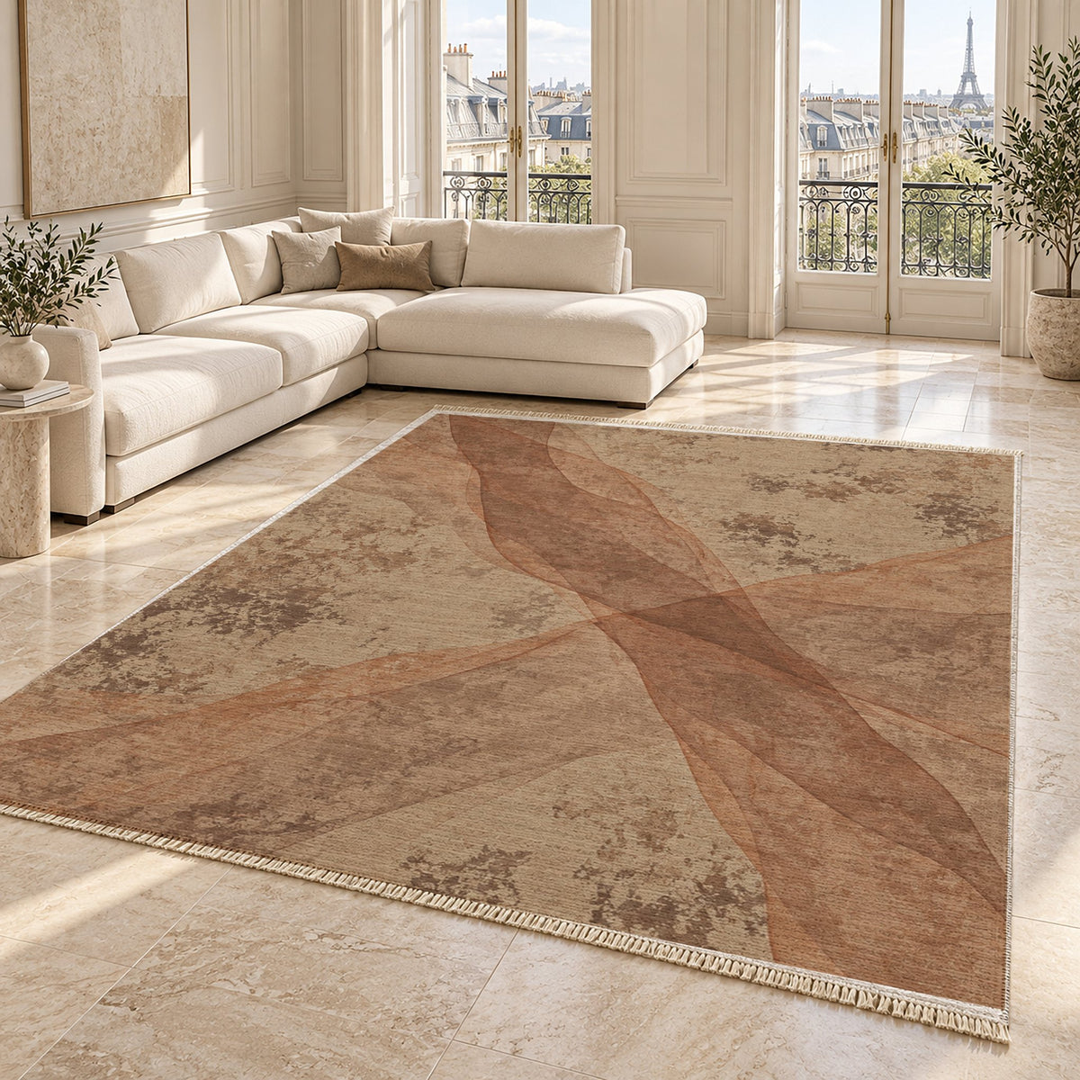 Veil Sand & Terracotta washable rug angled room view on marble
