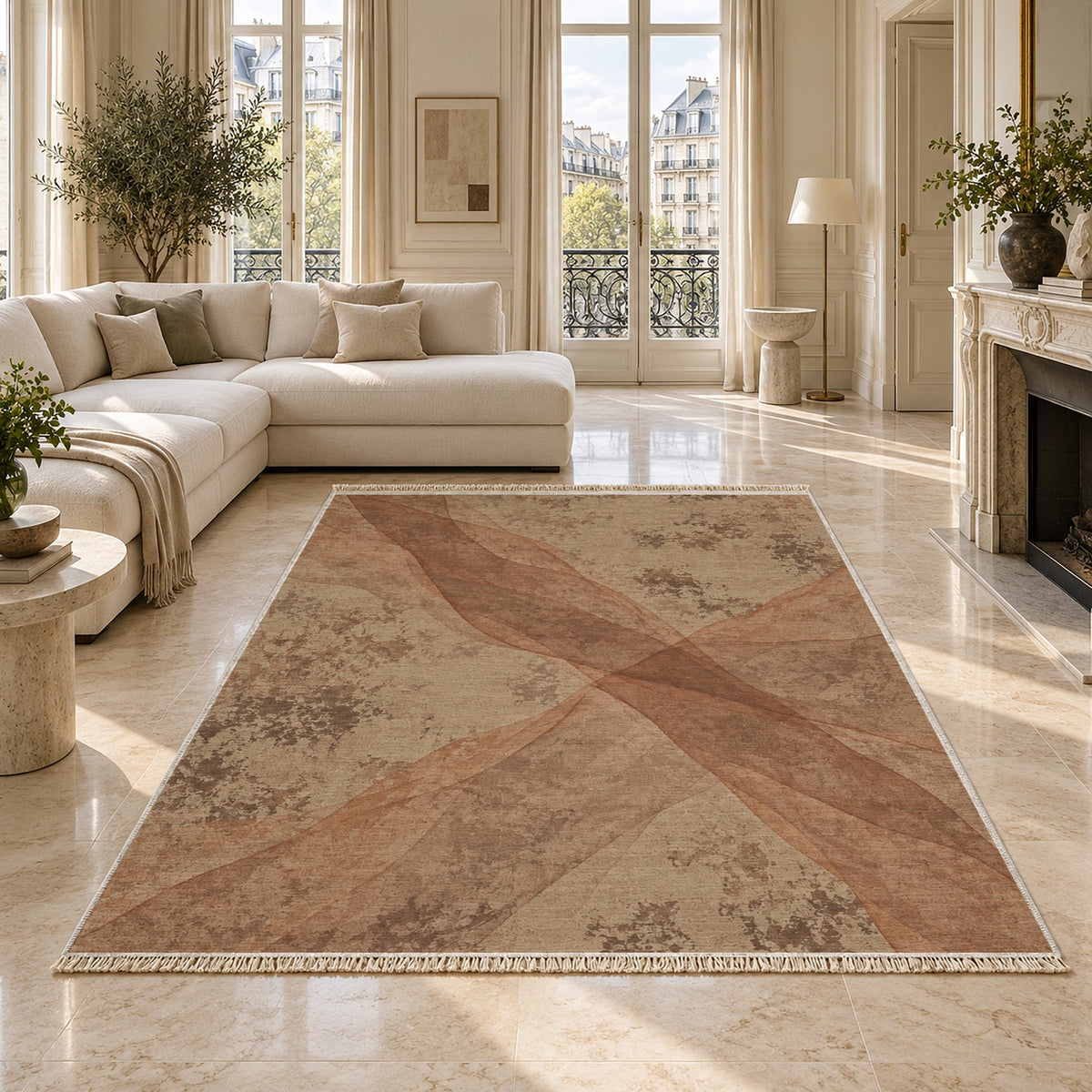 Veil Sand & Terracotta washable rug on a marble floor