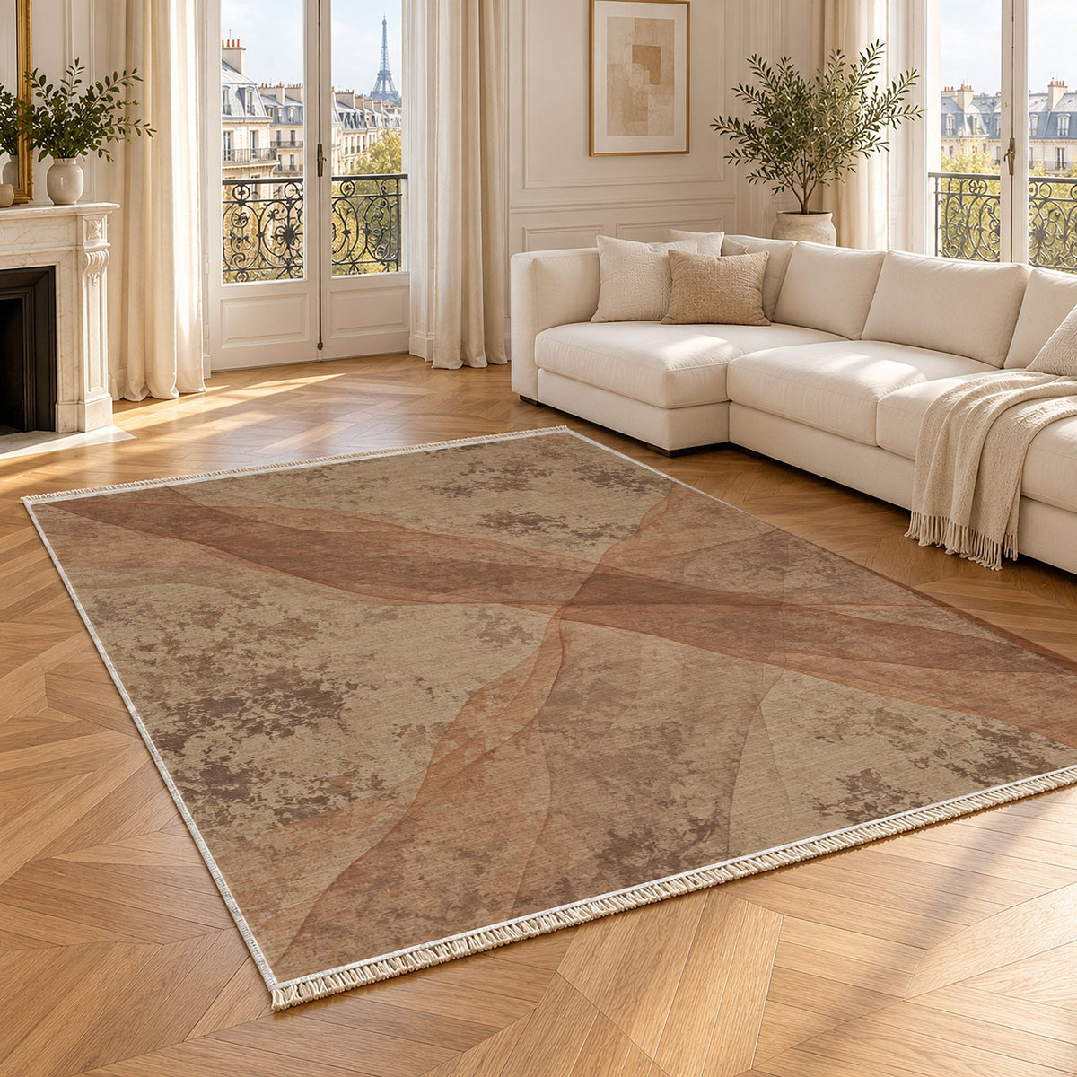 Veil Sand & Terracotta washable rug angled room view