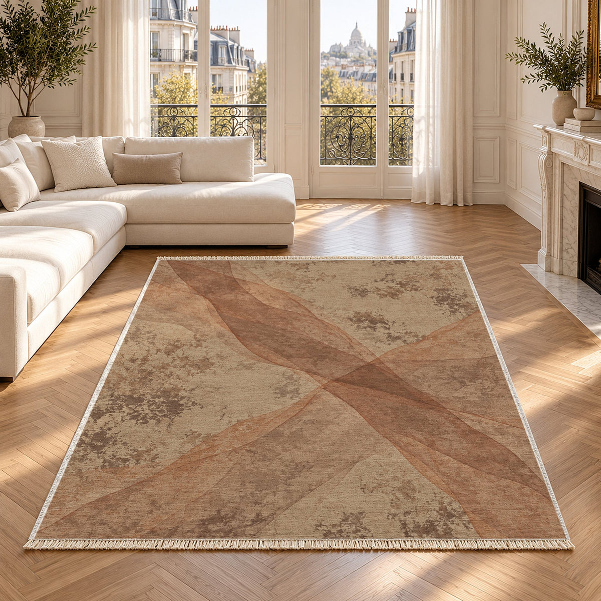 Veil Sand & Terracotta washable rug in a Paris living room