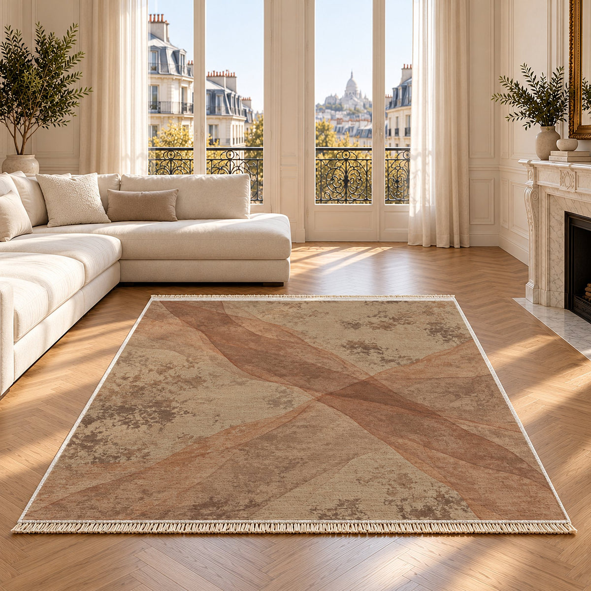 Veil Sand & Terracotta washable rug on an oak floor