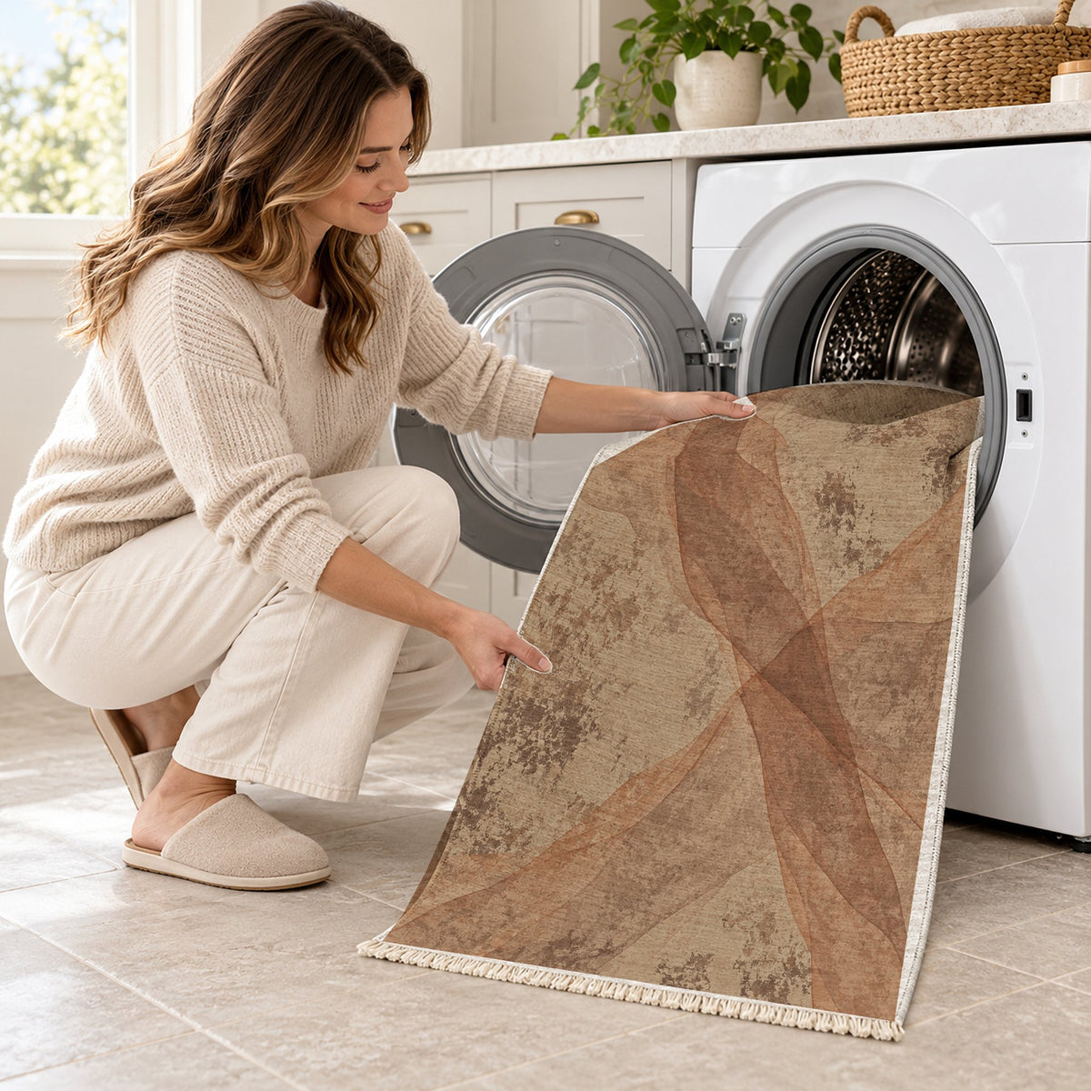 Veil Sand & Terracotta washable rug being loaded into a washing machine