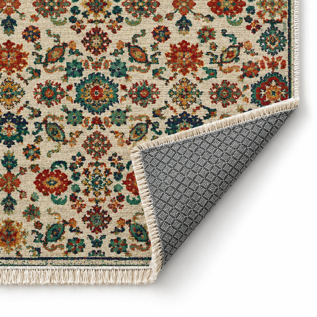 Vintage 7660 Emerald washable rug folded corner showing the backing