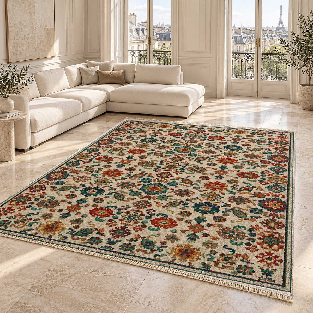 Vintage 7660 Emerald washable rug angled room view on marble