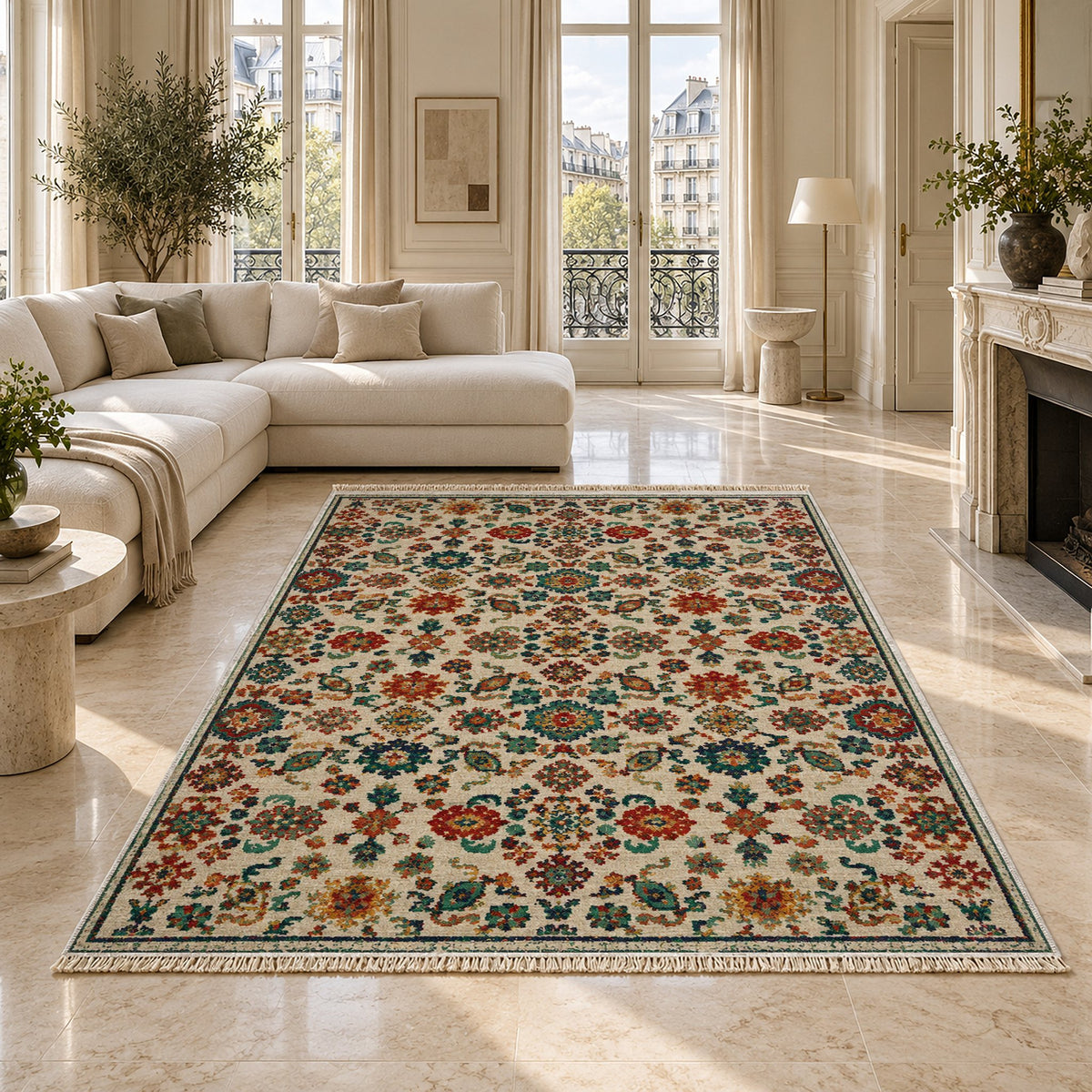 Vintage 7660 Emerald washable rug on a marble floor