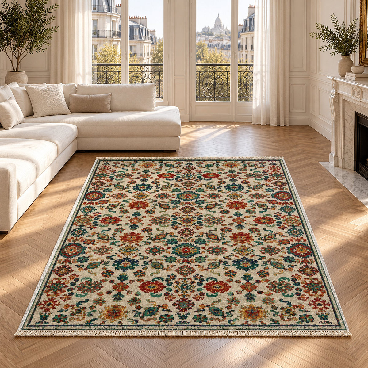 Vintage 7660 Emerald washable rug in a Paris living room