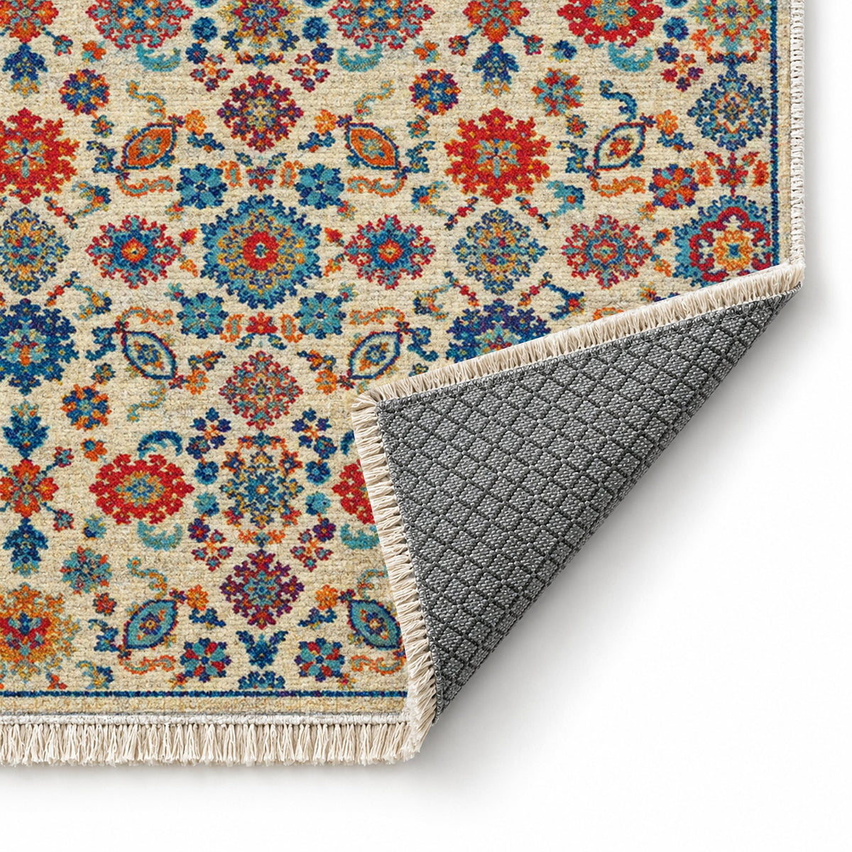 Vintage 7660 Sapphire washable rug folded corner showing the backing