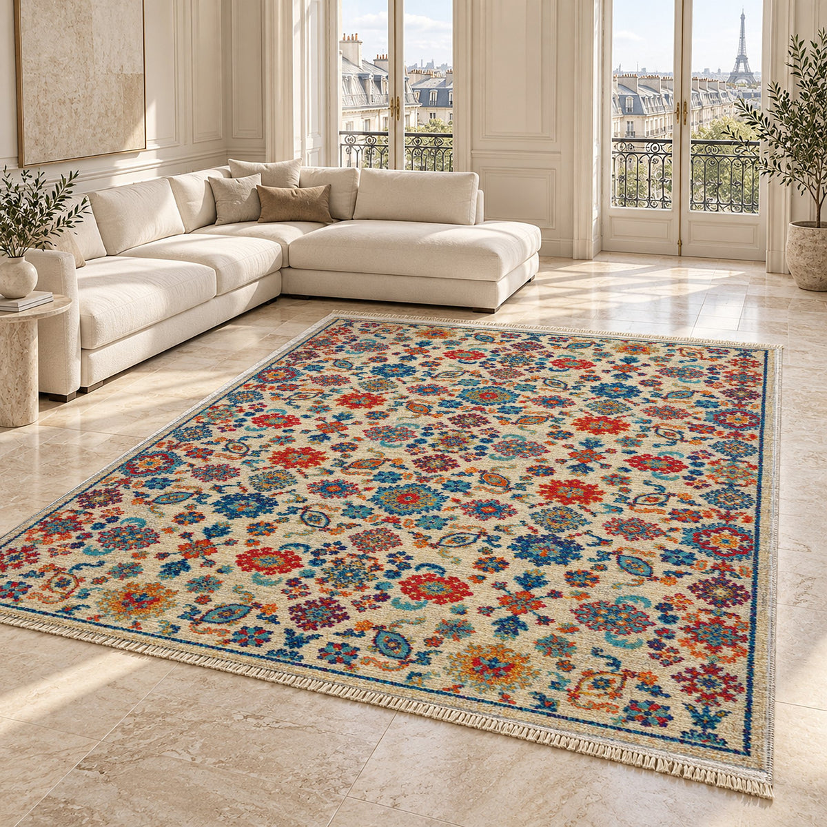 Vintage 7660 Sapphire washable rug angled room view on marble