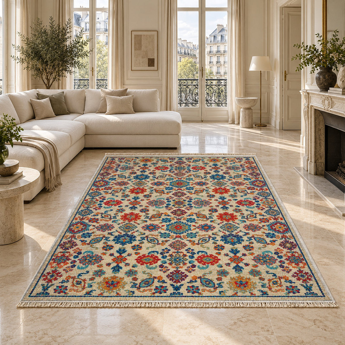 Vintage 7660 Sapphire washable rug on a marble floor