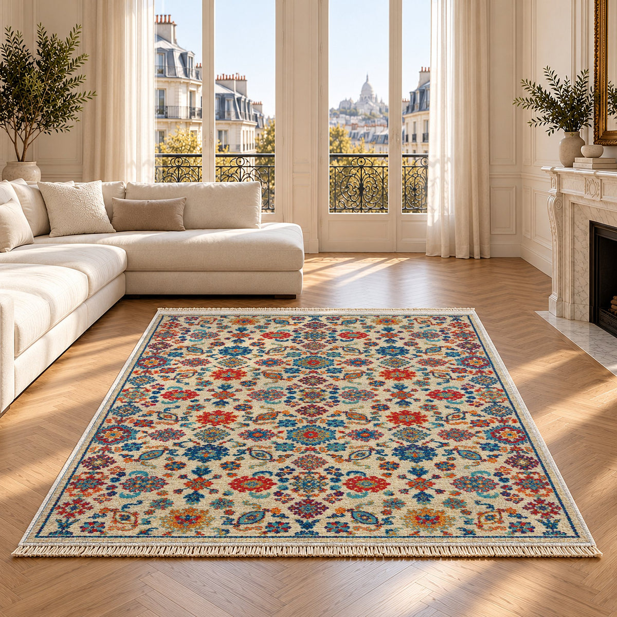 Vintage 7660 Sapphire washable rug on an oak floor