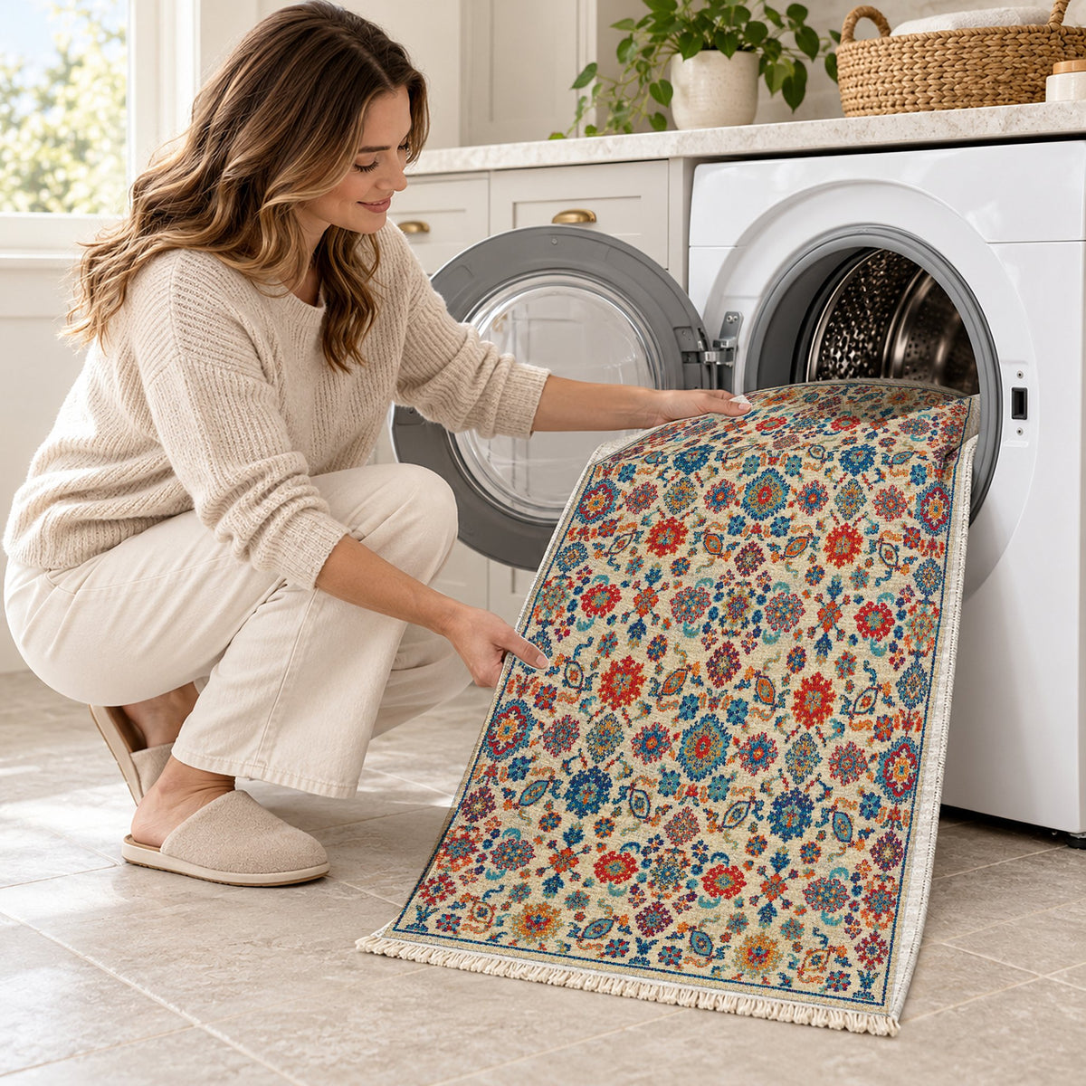 Vintage 7660 Sapphire washable rug being loaded into a washing machine